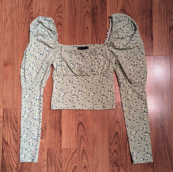 ASOS Tops - ASOS Square Neck Puff Sleeve Top in Green and White, Size 0